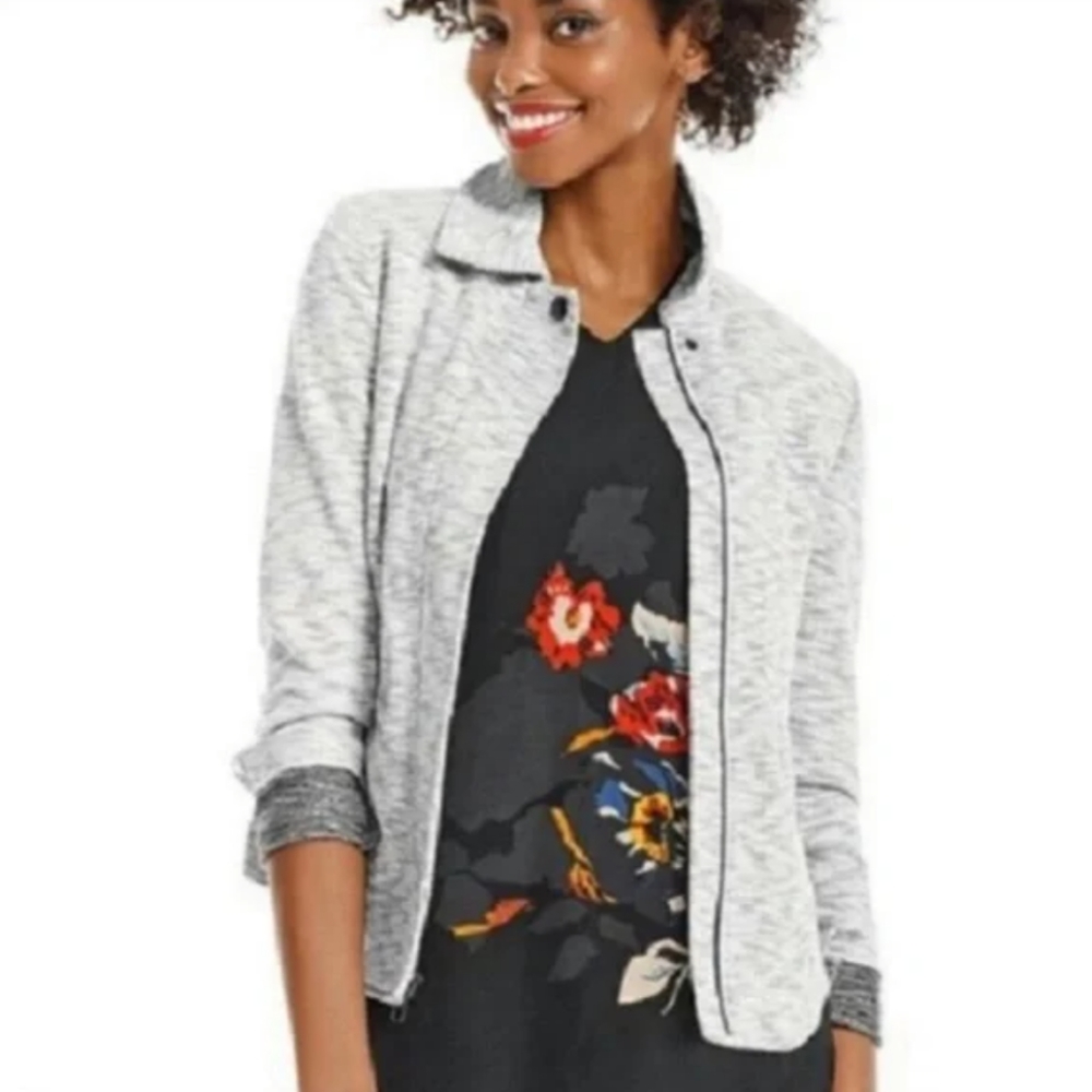 CAbi Women's Neo Jacket Space Dye Grays White Size Medium EUC Full Zip Soft